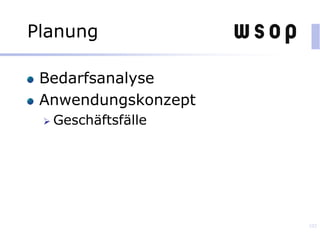 Planung
Bedarfsanalyse
Anwendungskonzept
 Geschäftsfälle
102
 