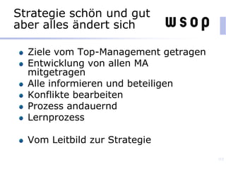 Strategie schön und gut
aber alles ändert sich
Ziele vom Top-Management getragen
Entwicklung von allen MA
mitgetragen
Alle informieren und beteiligen
Konflikte bearbeiten
Prozess andauernd
Lernprozess
Vom Leitbild zur Strategie
112
 
