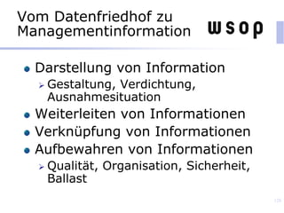 Vom Datenfriedhof zu
Managementinformation
Darstellung von Information
 Gestaltung, Verdichtung,
Ausnahmesituation
Weiterleiten von Informationen
Verknüpfung von Informationen
Aufbewahren von Informationen
 Qualität, Organisation, Sicherheit,
Ballast
128
 