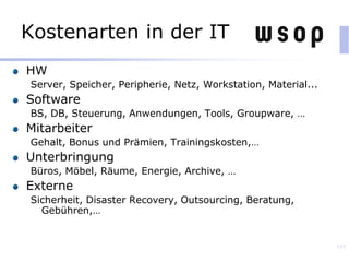 Kostenarten in der IT
HW
Server, Speicher, Peripherie, Netz, Workstation, Material...
Software
BS, DB, Steuerung, Anwendungen, Tools, Groupware, …
Mitarbeiter
Gehalt, Bonus und Prämien, Trainingskosten,…
Unterbringung
Büros, Möbel, Räume, Energie, Archive, …
Externe
Sicherheit, Disaster Recovery, Outsourcing, Beratung,
Gebühren,…
135
 