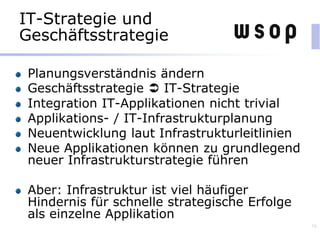 IT-Strategie und
Geschäftsstrategie
Planungsverständnis ändern
Geschäftsstrategie  IT-Strategie
Integration IT-Applikationen nicht trivial
Applikations- / IT-Infrastrukturplanung
Neuentwicklung laut Infrastrukturleitlinien
Neue Applikationen können zu grundlegend
neuer Infrastrukturstrategie führen
Aber: Infrastruktur ist viel häufiger
Hindernis für schnelle strategische Erfolge
als einzelne Applikation
16
 