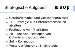 Strategische Aufgaben
Geschäftsmodell und Geschäftsprozesse
IT - Strategie aus Unternehmenszielen
ableiten
Festlegung von Prioritäten
Ist – Analyse, Festlegen von
Optimierungspotenzialen
Soll - Konzeption
Weiterverfeinerung IT –Strategie
5
 