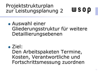 Projektstrukturplan
zur Leistungsplanung 2
Auswahl einer
Gliederungsstruktur für weitere
Detaillierungsebenen
Ziel:
Den Arbeitspaketen Termine,
Kosten, Verantwortliche und
Fortschrittsmessung zuordnen
76
 