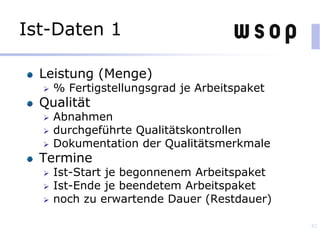 Ist-Daten 1
Leistung (Menge)
 % Fertigstellungsgrad je Arbeitspaket
Qualität
 Abnahmen
 durchgeführte Qualitätskontrollen
 Dokumentation der Qualitätsmerkmale
Termine
 Ist-Start je begonnenem Arbeitspaket
 Ist-Ende je beendetem Arbeitspaket
 noch zu erwartende Dauer (Restdauer)
82
 