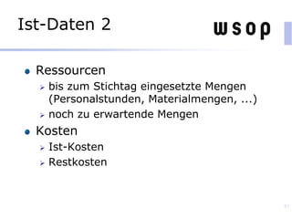 Ist-Daten 2
Ressourcen
 bis zum Stichtag eingesetzte Mengen
(Personalstunden, Materialmengen, ...)
 noch zu erwartende Mengen
Kosten
 Ist-Kosten
 Restkosten
83
 