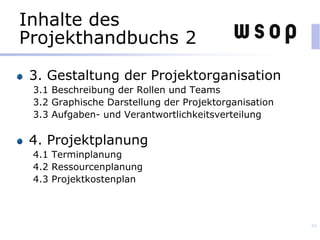 Inhalte des
Projekthandbuchs 2
3. Gestaltung der Projektorganisation
3.1 Beschreibung der Rollen und Teams
3.2 Graphische Darstellung der Projektorganisation
3.3 Aufgaben- und Verantwortlichkeitsverteilung
4. Projektplanung
4.1 Terminplanung
4.2 Ressourcenplanung
4.3 Projektkostenplan
89
 