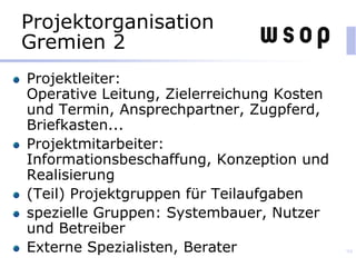 Projektorganisation
Gremien 2
Projektleiter:
Operative Leitung, Zielerreichung Kosten
und Termin, Ansprechpartner, Zugpferd,
Briefkasten...
Projektmitarbeiter:
Informationsbeschaffung, Konzeption und
Realisierung
(Teil) Projektgruppen für Teilaufgaben
spezielle Gruppen: Systembauer, Nutzer
und Betreiber
Externe Spezialisten, Berater 94
 