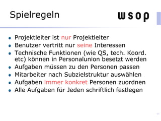 Spielregeln
Projektleiter ist nur Projektleiter
Benutzer vertritt nur seine Interessen
Technische Funktionen (wie QS, tech. Koord.
etc) können in Personalunion besetzt werden
Aufgaben müssen zu den Personen passen
Mitarbeiter nach Subzielstruktur auswählen
Aufgaben immer konkret Personen zuordnen
Alle Aufgaben für Jeden schriftlich festlegen
95
 