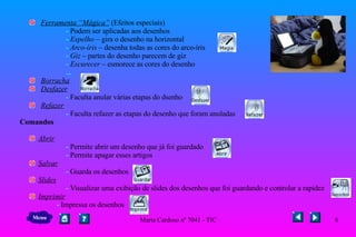 Ferramenta “Mágica”   (Efeitos especiais)   -  Podem ser aplicadas aos desenhos -  Espelho –  gira o desenho na horizontal -  Arco-íris –  desenha todas as cores do arco-íris -  Giz –  partes do desenho parecem de giz -  Escurecer –  esmorece as cores do desenho ... Borracha Desfazer -  Faculta anular várias etapas do dsenho Refazer -   Faculta refazer as etapas do desenho que foram anuladas Comandos  Abrir -  Permite abrir um desenho que já foi guardado -  Permite apagar esses artigos Salvar -  Guarda os desenhos Slides -  Visualizar uma exibição de slides dos desenhos que foi guardando e controlar a rapidez Imprimir -  Impressa os desenhos Menu 