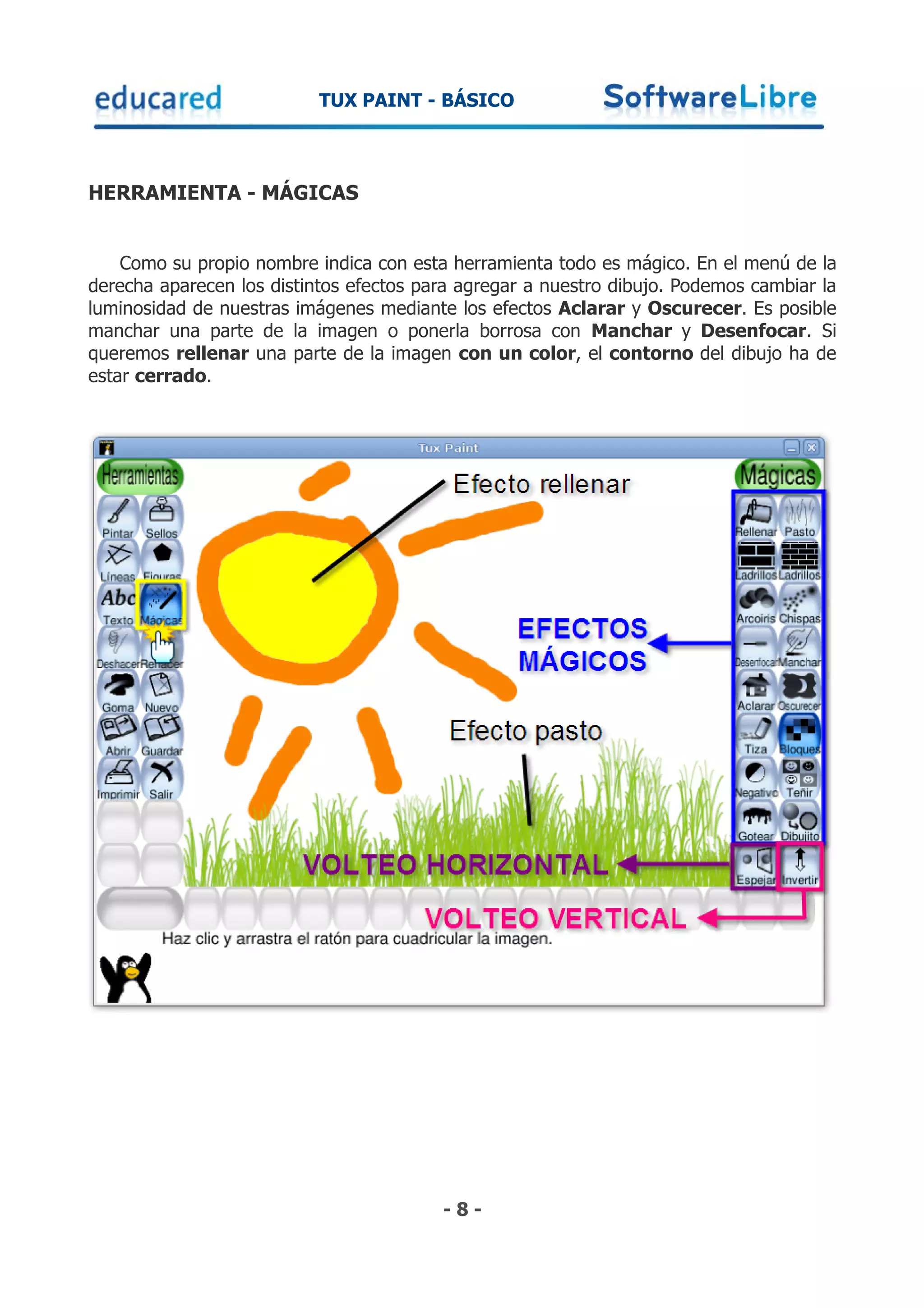 TUX PAINT - BÁSICO



HERRAMIENTA - MÁGICAS


    Como su propio nombre indica con esta herramienta todo es mágico. En el menú de la
derecha aparecen los distintos efectos para agregar a nuestro dibujo. Podemos cambiar la
luminosidad de nuestras imágenes mediante los efectos Aclarar y Oscurecer. Es posible
manchar una parte de la imagen o ponerla borrosa con Manchar y Desenfocar. Si
queremos rellenar una parte de la imagen con un color, el contorno del dibujo ha de
estar cerrado.




                                         -8-
 
