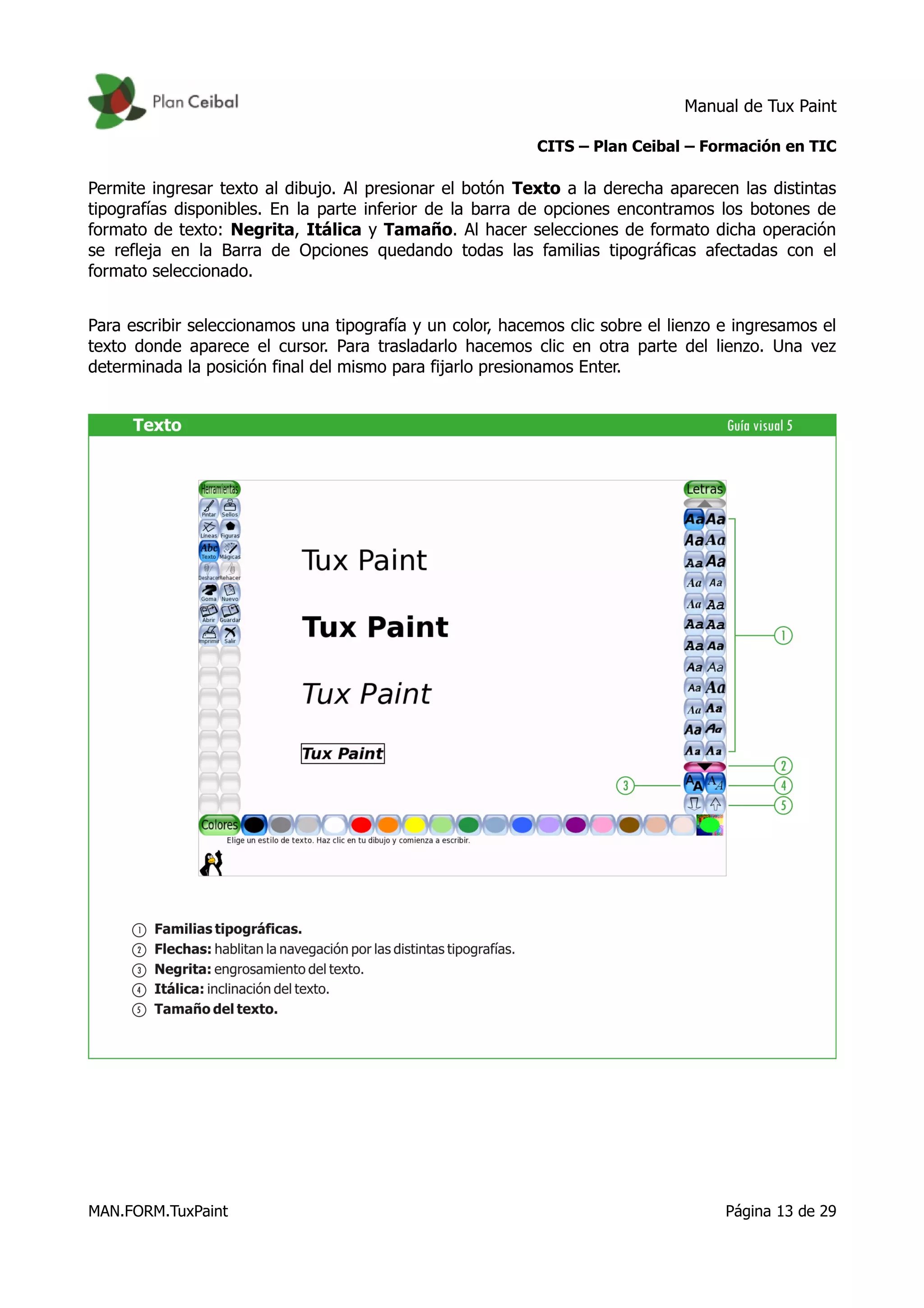 Manual de Tux Paint
CITS – Plan Ceibal – Formación en TIC
Permite ingresar texto al dibujo. Al presionar el botón Texto a la derecha aparecen las distintas
tipografías disponibles. En la parte inferior de la barra de opciones encontramos los botones de
formato de texto: Negrita, Itálica y Tamaño. Al hacer selecciones de formato dicha operación
se refleja en la Barra de Opciones quedando todas las familias tipográficas afectadas con el
formato seleccionado.
Para escribir seleccionamos una tipografía y un color, hacemos clic sobre el lienzo e ingresamos el
texto donde aparece el cursor. Para trasladarlo hacemos clic en otra parte del lienzo. Una vez
determinada la posición final del mismo para fijarlo presionamos Enter.
MAN.FORM.TuxPaint Página 13 de 29
 