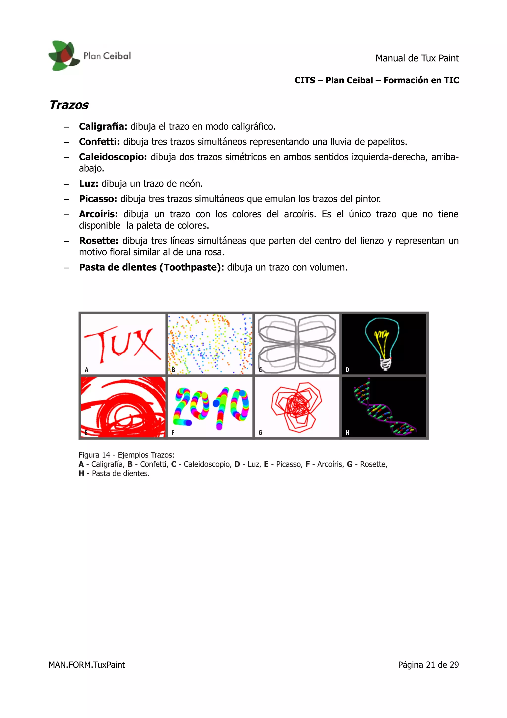 Manual de Tux Paint
CITS – Plan Ceibal – Formación en TIC
Trazos
– Caligrafía: dibuja el trazo en modo caligráfico.
– Confetti: dibuja tres trazos simultáneos representando una lluvia de papelitos.
– Caleidoscopio: dibuja dos trazos simétricos en ambos sentidos izquierda-derecha, arriba-
abajo.
– Luz: dibuja un trazo de neón.
– Picasso: dibuja tres trazos simultáneos que emulan los trazos del pintor.
– Arcoíris: dibuja un trazo con los colores del arcoíris. Es el único trazo que no tiene
disponible la paleta de colores.
– Rosette: dibuja tres líneas simultáneas que parten del centro del lienzo y representan un
motivo floral similar al de una rosa.
– Pasta de dientes (Toothpaste): dibuja un trazo con volumen.
MAN.FORM.TuxPaint Página 21 de 29
 