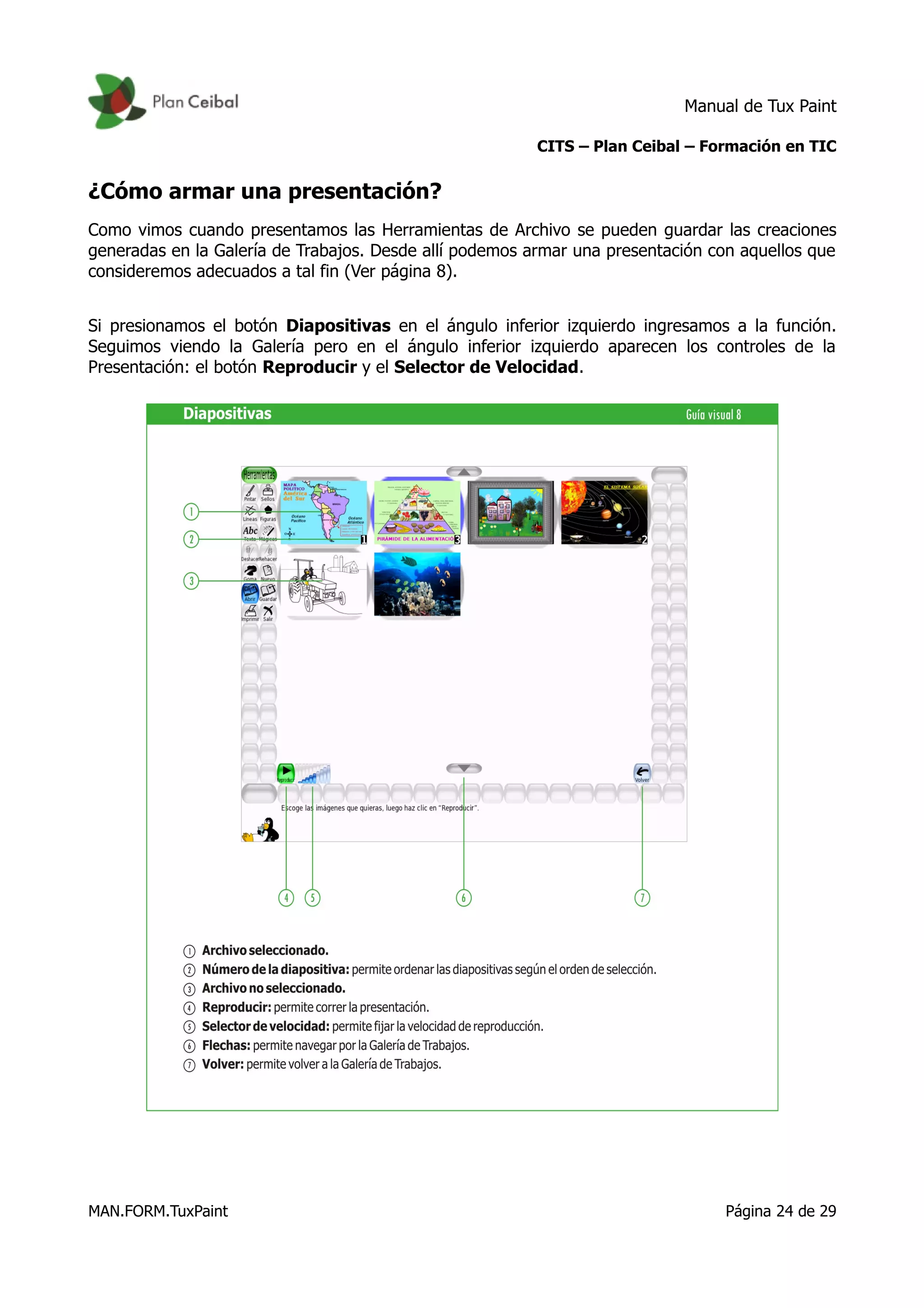 Manual de Tux Paint
CITS – Plan Ceibal – Formación en TIC
¿Cómo armar una presentación?
Como vimos cuando presentamos las Herramientas de Archivo se pueden guardar las creaciones
generadas en la Galería de Trabajos. Desde allí podemos armar una presentación con aquellos que
consideremos adecuados a tal fin (Ver página 8).
Si presionamos el botón Diapositivas en el ángulo inferior izquierdo ingresamos a la función.
Seguimos viendo la Galería pero en el ángulo inferior izquierdo aparecen los controles de la
Presentación: el botón Reproducir y el Selector de Velocidad.
MAN.FORM.TuxPaint Página 24 de 29
 