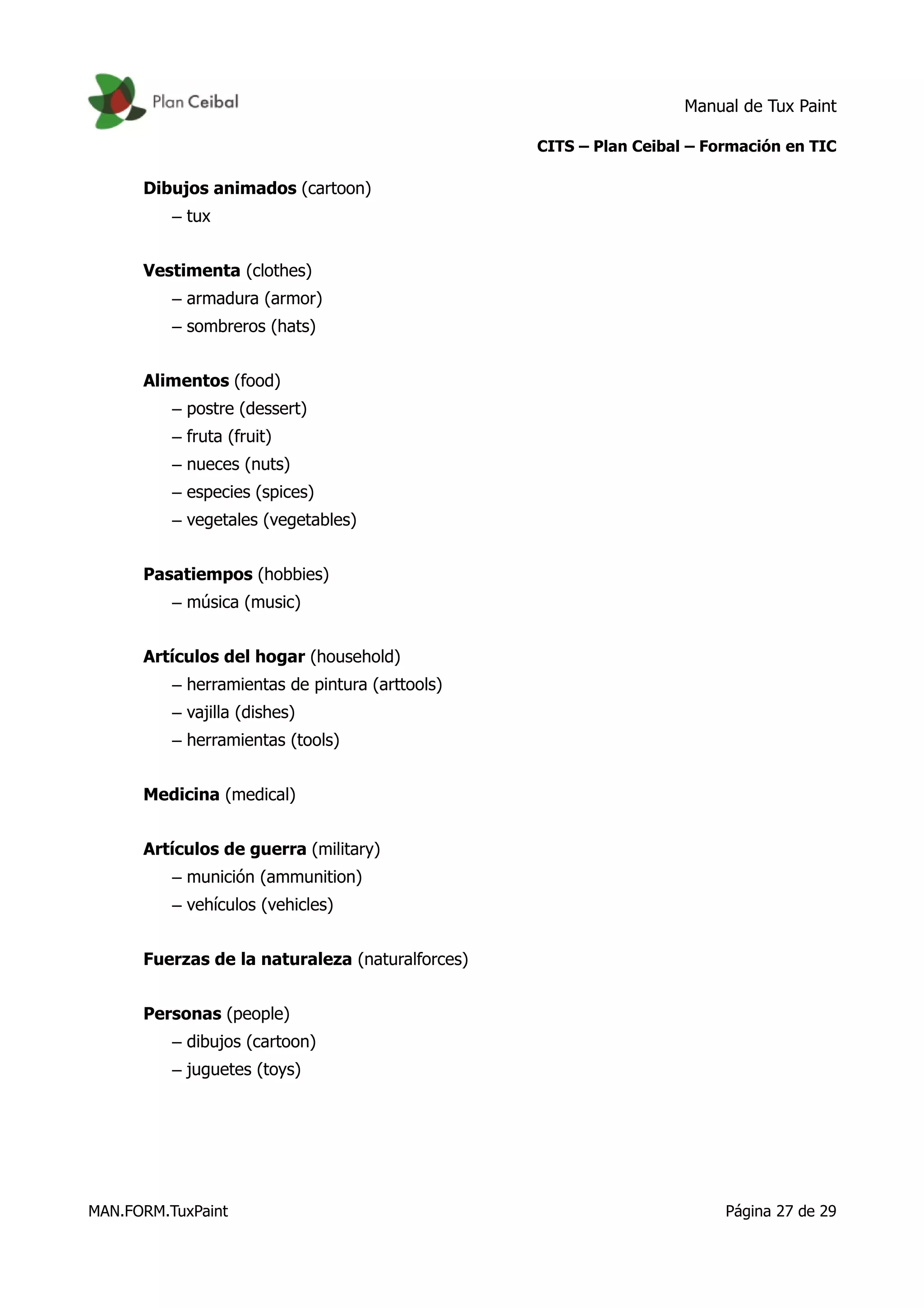 Manual de Tux Paint
CITS – Plan Ceibal – Formación en TIC
Dibujos animados (cartoon)
– tux
Vestimenta (clothes)
– armadura (armor)
– sombreros (hats)
Alimentos (food)
– postre (dessert)
– fruta (fruit)
– nueces (nuts)
– especies (spices)
– vegetales (vegetables)
Pasatiempos (hobbies)
– música (music)
Artículos del hogar (household)
– herramientas de pintura (arttools)
– vajilla (dishes)
– herramientas (tools)
Medicina (medical)
Artículos de guerra (military)
– munición (ammunition)
– vehículos (vehicles)
Fuerzas de la naturaleza (naturalforces)
Personas (people)
– dibujos (cartoon)
– juguetes (toys)
MAN.FORM.TuxPaint Página 27 de 29
 
