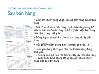 Sau bán hàng 
• C m n khách hàng và ghi l i các ả ơ ạ đơn hàng của khách 
hàng 
• Giữ tờ danh sách đơn hàng của khách hàng trong hồ 
sơ của bạn như một công cụ hỗ trợ cho việc bán hàng 
của bạn trong tương lai. 
• Đồng ý giao sản phẩm cho khách hàng và lấy tiền 
hàng 
• Hỏi để lấy thêm thông tin: “Anh/chị có biết….?” 
• Luôn giao hàng theo yêu cầu của khách hàng đúng 
thời gian 
- Không bao giờ nên rời đi khi chưa lấy hết tiền hàng 
- Giới thiệu CAT tháng tới và khuyến khích khách 
hàng tiếp tục đặt hàng 
STEP ONE TRAINING – THE ORIFLAME PRODUCTS AND HOW TO SELL THEM 
Copyright ©2008 by Oriflame Cosmetics SA 
PHƯƠNG PHÁP BẢN SẢN PHẨM CỦA ORIFLAME 
 