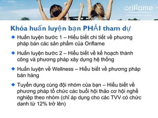 Khóa huấn luyện bạn PHẢI tham dự 
Huấn luyện bước 1 – Hiểu biết chi tiết về phương 
pháp bán các sản phẩm của Oriflame 
Huấn luyện bước 2 – Hiểu biết về kế hoạch thành 
công và phương pháp xây dựng hệ thống 
Huấn luyện về Wellness – Hiểu biết về phương pháp 
bán hàng 
Tuyển dụng cùng đội nhóm của bạn – Hiểu biết về 
phương pháp tổ chức các buổi hội thảo cơ hội nghề 
nghiệp theo nhóm (chỉ áp dụng cho các TVV có chức 
danh từ 12% trở lên) 

