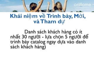 Khái niệm về Trình bày, Mời, 
và Tham dự 
Danh sách khách hàng có ít 
nhất 30 người - lựa chọn 5 người để 
trình bày catalog ngay dựa vào danh 
sách khách hàng) 
 