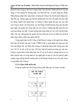 Chuyên đề thực tập tốt nghiệp: “Hoàn thiện công tác tuyển dụng tại Công ty CP May Sơn
Hà”
Nguyễn Trường Sơn Lớp QTNL K7 35
được tổ chức Công ty như bao Công ty khác trên địa bàn Thành phố Sơn Tây tận
dụng cơ hội quảng bá thương hiệu, tìm thêm đối tác và tuyển dụng lao động.
Một phương pháp nữa cũng được sử dụng tại Công ty là cán bộ tuyển dụng trực
tiếp đến các trường nghề trên địa bàn thành phố Sơn Tây để tuyển mộ trực tiếp
lao động. Nguồn bên ngoài thực sự chứng tỏ điểm mạnh khi quy mô sản xuất
của Công ty được mở rộng hoặc các đơn hàng với khối lượng công việc lớn thời
gian ngắn mà nguồn lao động hiện tại của Công ty không kịp đáp ứng yêu cầu
của hoạt động sản xuất. Trong trường hợp tuyển nhân sự vào vị trí cán bộ hoặc
nhân viên các phòng ban thì nguồn nội bộ cũng bộc lộ rõ ưu điểm của mình là
khắc phục nhược điểm của nguồn nội bộ.
Trong giai đoạn cụ thể Công ty linh hoạt sử dụng cả hai nguồn lao động,
như theo kế hoạch vào quý 3 năm 2/2008 Công ty quyết định mở rộng quy mô
sản xuất bằng việc xây thêm nhà xưởng và thành lập thêm một xưởng may nữa
với 2 tổ: 01 tổ cắt và 01 tổ may. Để thực hiện kế hoạch mở rộng quy mô này,
Công ty tuyển thêm công nhân may cho tổ cắt và tổ may ở xưởng mới và có sự
luân chuyển một số công nhân có tay nghề giỏi và một số cán bộ quản lý phân
xưởng sang xưởng mới để xưởng mới có thể nhanh chóng đi vào sản xuất và tạo
ra sản phẩm cho Công ty.
2.2.1.4 Quy trình tuyển mộ
Công tác tuyển mộ của Công ty được thực hiện qua các bước sau đây:
LẬP KẾ HOẠCH
TUYỂN MỘ
XÁC ĐỊNH NGUỒN
TUYỂN MỘ
XÁC ĐỊNH THỜI
GIAN VÀ NƠI
TUYỂN MỘ
 