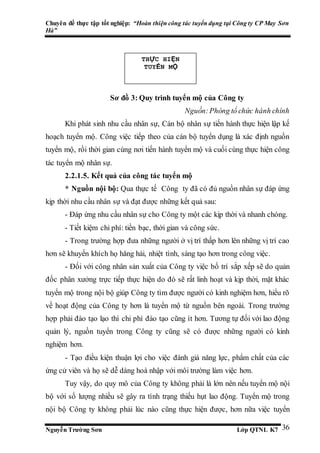 Chuyên đề thực tập tốt nghiệp: “Hoàn thiện công tác tuyển dụng tại Công ty CP May Sơn
Hà”
Nguyễn Trường Sơn Lớp QTNL K7 36
Sơ đồ 3: Quy trình tuyển mộ của Công ty
Nguồn:Phòng tổ chức hành chính
Khi phát sinh nhu cầu nhân sự, Cán bộ nhân sự tiến hành thực hiện lập kế
hoạch tuyển mộ. Công việc tiếp theo của cán bộ tuyển dụng là xác định nguồn
tuyển mộ, rồi thời gian cùng nơi tiến hành tuyển mộ và cuối cùng thực hiện công
tác tuyển mộ nhân sự.
2.2.1.5. Kết quả của công tác tuyển mộ
* Nguồn nội bộ: Qua thực tế Công ty đã có đủ nguồn nhân sự đáp ứng
kịp thời nhu cầu nhân sự và đạt được những kết quả sau:
- Đáp ứng nhu cầu nhân sự cho Công ty một các kịp thời và nhanh chóng.
- Tiết kiệm chi phí: tiền bạc, thời gian và công sức.
- Trong trường hợp đưa những người ở vị trí thấp hơn lên những vị trí cao
hơn sẽ khuyến khích họ hăng hái, nhiệt tình, sáng tạo hơn trong công việc.
- Đối với công nhân sản xuất của Công ty việc bố trí sắp xếp sẽ do quản
đốc phân xưởng trực tiếp thực hiện do đó sẽ rất linh hoạt và kịp thời, mặt khác
tuyển mộ trong nội bộ giúp Công ty tìm được người có kinh nghiệm hơn, hiểu rõ
về hoạt động của Công ty hơn là tuyển mộ từ nguồn bên ngoài. Trong trường
hợp phải đào tạo lạo thì chi phí đào tạo cũng ít hơn. Tương tự đối với lao động
quản lý, nguồn tuyển trong Công ty cũng sẽ có được những người có kinh
nghiệm hơn.
- Tạo điều kiện thuận lợi cho việc đánh giá năng lực, phẩm chất của các
ứng cử viên và họ sẽ dễ dàng hoà nhập với môi trường làm việc hơn.
Tuy vậy, do quy mô của Công ty không phải là lớn nên nếu tuyển mộ nội
bộ với số lượng nhiều sẽ gây ra tình trạng thiếu hụt lao động. Tuyển mộ trong
nội bộ Công ty không phải lúc nào cũng thực hiện được, hơn nữa việc tuyển
THỰC HIỆN
TUYỂN MỘ
 