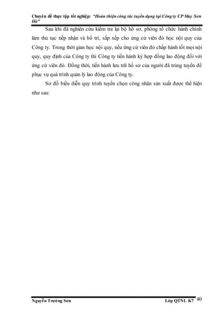 Chuyên đề thực tập tốt nghiệp: “Hoàn thiện công tác tuyển dụng tại Công ty CP May Sơn
Hà”
Nguyễn Trường Sơn Lớp QTNL K7 40
Sau khi đã nghiên cứu kiểm tra lại bộ hồ sơ, phòng tổ chức hành chính
làm thủ tục tiếp nhận và bố trí, sắp xếp cho ứng cử viên đó học nội quy của
Công ty. Trong thời gian học nội quy, nếu ứng cử viên đó chấp hành tốt mọi nội
quy, quy định của Công ty thì Công ty tiến hành ký hợp đồng lao động đối với
ứng cử viên đó. Đồng thời, tiến hành lưu trữ hồ sơ của người đã trúng tuyển để
phục vụ quá trình quản lý lao động của Công ty.
Sơ đồ biểu diễn quy trình tuyển chọn công nhân sản xuất được thể hiện
như sau:
 