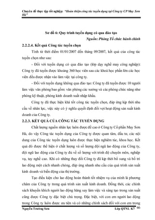 Chuyên đề thực tập tốt nghiệp: “Hoàn thiện công tác tuyển dụng tại Công ty CP May Sơn
Hà”
Nguyễn Trường Sơn Lớp QTNL K7 46
Sơ đồ 6: Quy trình tuyển dụng có qua đào tạo
Nguồn: Phòng Tổ chức hành chính
2.2.2.4. Kết quả Công tác tuyển chọn
Tính từ thời điểm 01/01/2007 đến tháng 09/2007, kết quả của công tác
tuyển chọn như sau:
- Đối với tuyển dụng có qua đào tạo (lớp dạy nghề may công nghiệp):
Công ty đã tuyển được khoảng 360 học viên sau các khoá học phần lớn các học
viên đều được nhận vào làm việc tại công ty.
- Đối với tuyển dụng không qua đào tạo: Công ty đã tuyển được 10 người
làm việc văn phòng bao gồm: văn phòng các xưởng và các phòng chức năng như
phòng kỹ thuật, phòng kinh doanh xuất nhập khẩu.
Công ty đã thực hiện khá tốt công tác tuyển chọn, đáp ứng kịp thời nhu
cầu về nhân lực, việc này có ý nghĩa quyết định đối vợi hoạt động sản xuất kinh
doanh của Công ty.
2.2.3. KẾT QUẢ CỦA CÔNG TÁC TUYỂN DỤNG
Chất lượng nguồn nhân lực luôn được đề cao ở Công ty Cổ phần May Sơn
Hà, do vậy Công tác tuyển dụng của Công ty được quan tâm, đầu tư, các nội
dung của Công tác tuyển dụng luôn được thực hiện nghiêm túc, khoa học. Kết
quả đó được thể hiện ở chất lượng và số lượng đội ngũ lao động của Công ty,
đội ngũ lao động của Công ty đủ về số lượng với trình độ chuyên môn, nghiệp
vụ, tay nghề cao. Khi có những thay đổi Công ty đã kịp thời bổ sung và bố trí
lao động một cách nhanh chóng, đáp ứng nhanh nhu cầu của quá trình sản xuất
kinh doanh và biến động của thị trường.
Tạo điều kiện cho lao động hoàn thành tốt nhiệm vụ của mình là phương
châm của Công ty trong quá trình sản xuất kinh doanh. Đồng thời, các chính
sách khuyến khích người lao động hăng say làm việc và sáng tạo trong sản xuất
cũng được Công ty đặc biệt chú trọng. Đặc biệt, với con em người lao động
trong Công ty luôn được ưu tiên và có những chính sách đối với con em trong
 