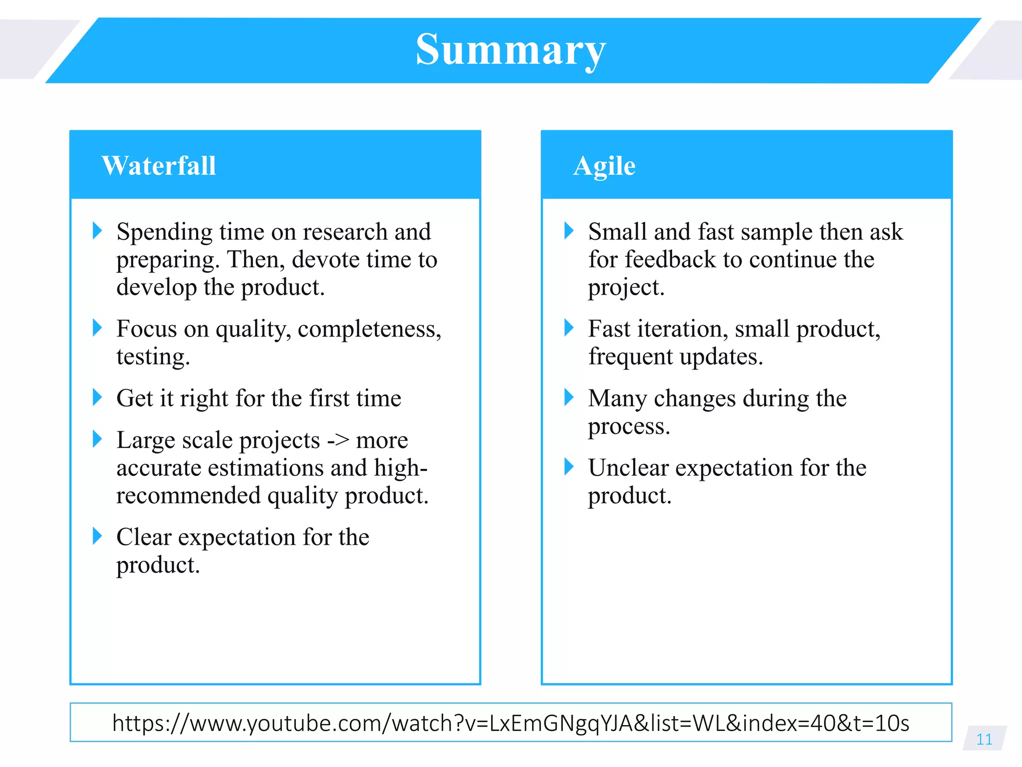 Summary
 Spending time on research and
preparing. Then, devote time to
develop the product.
 Focus on quality, completeness,
testing.
 Get it right for the first time
 Large scale projects -> more
accurate estimations and high-
recommended quality product.
 Clear expectation for the
product.
11
Waterfall
 Small and fast sample then ask
for feedback to continue the
project.
 Fast iteration, small product,
frequent updates.
 Many changes during the
process.
 Unclear expectation for the
product.
Agile
https://www.youtube.com/watch?v=LxEmGNgqYJA&list=WL&index=40&t=10s
 