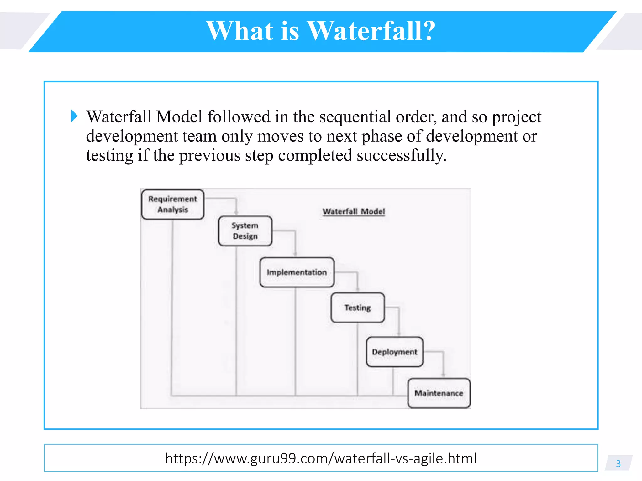 What is Waterfall?
 Waterfall Model followed in the sequential order, and so project
development team only moves to next phase of development or
testing if the previous step completed successfully.
3https://www.guru99.com/waterfall-vs-agile.html
 