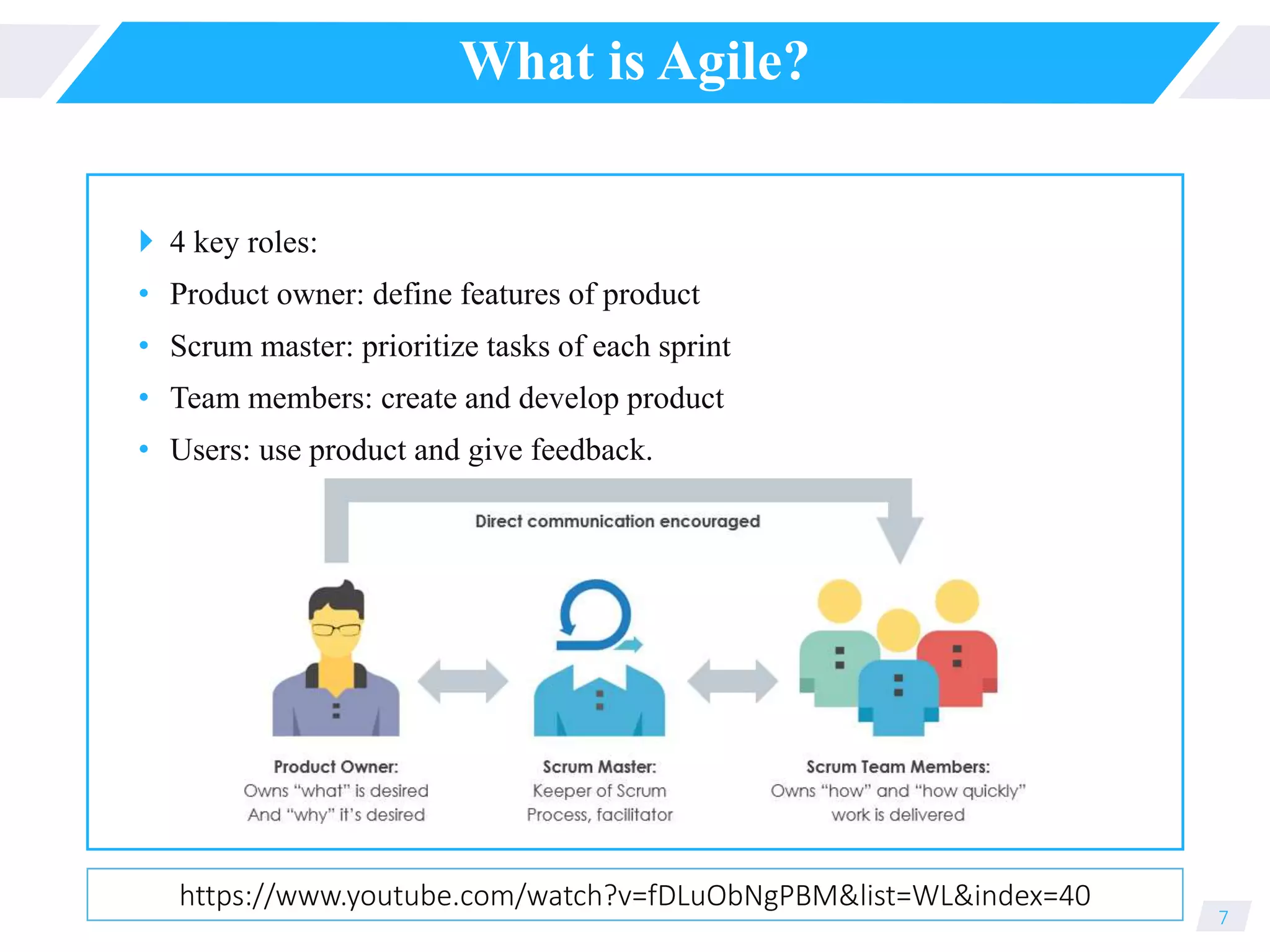 What is Agile?
 4 key roles:
• Product owner: define features of product
• Scrum master: prioritize tasks of each sprint
• Team members: create and develop product
• Users: use product and give feedback.
7
https://www.youtube.com/watch?v=fDLuObNgPBM&list=WL&index=40
 