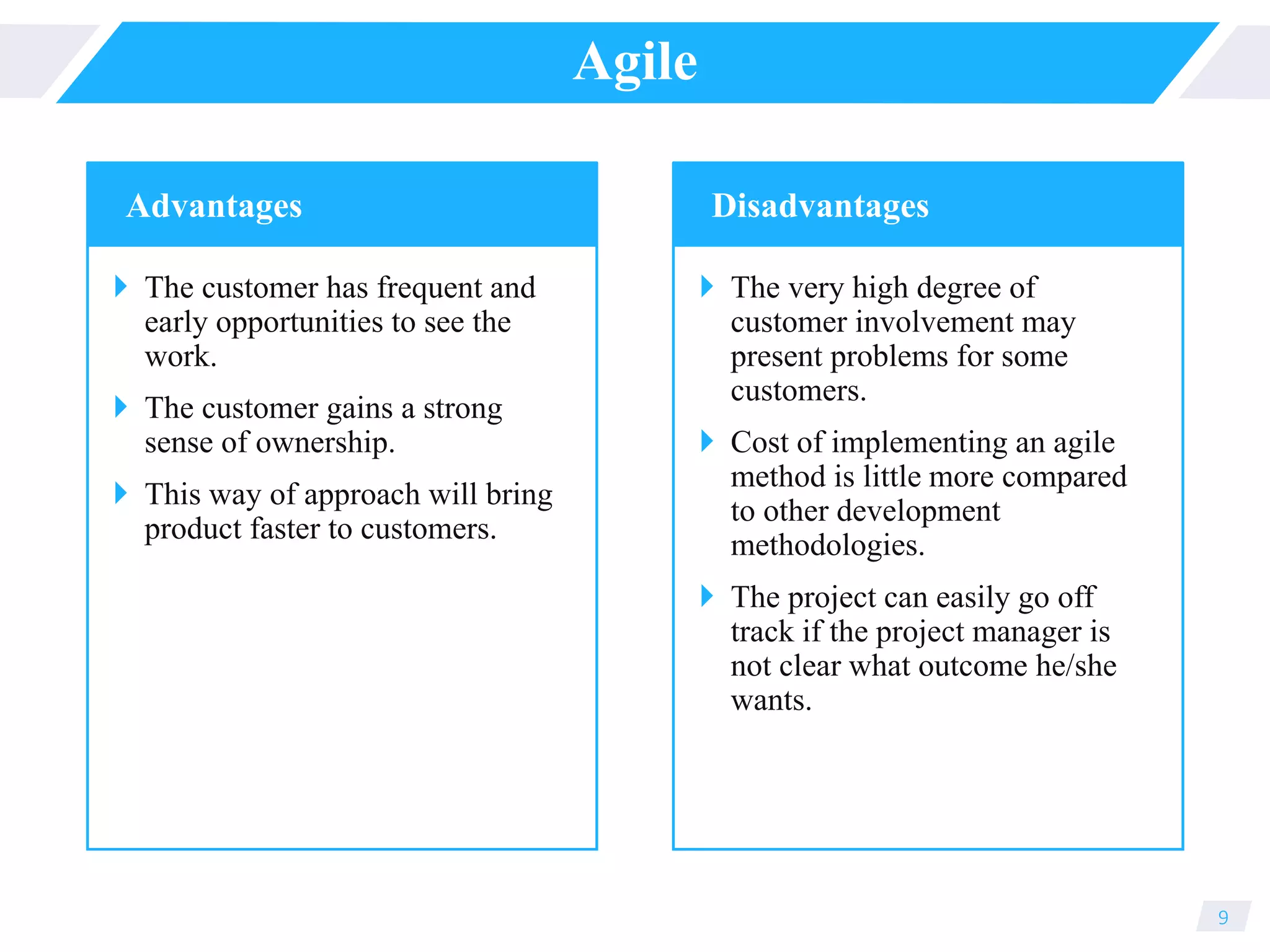 Agile
 The customer has frequent and
early opportunities to see the
work.
 The customer gains a strong
sense of ownership.
 This way of approach will bring
product faster to customers.
9
Advantages
 The very high degree of
customer involvement may
present problems for some
customers.
 Cost of implementing an agile
method is little more compared
to other development
methodologies.
 The project can easily go off
track if the project manager is
not clear what outcome he/she
wants.
Disadvantages
 