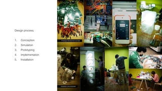 Design process: 
1. Conception 
2. Simulation 
3. Prototyping 
4. Implementation 
5. Installation 
 