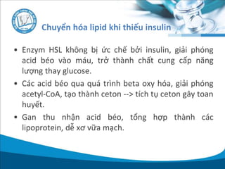 Chuyển hóa lipid khi thiếu insulin
• Enzym HSL không bị ức chế bởi insulin, giải phóng
acid béo vào máu, trở thành chất cung cấp năng
lượng thay glucose.
• Các acid béo qua quá trình beta oxy hóa, giải phóng
acetyl-CoA, tạo thành ceton --> tích tụ ceton gây toan
huyết.
• Gan thu nhận acid béo, tổng hợp thành các
lipoprotein, dễ xơ vữa mạch.
 