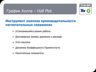 График Холла –  Hall Plot Инструмент анализа производительности нагнетательных скважинах Установившийся режим работы Достоверные замеры давления и расхода Угол наклона  Динамика Коэффициента Приемистости Накопленные показатели 