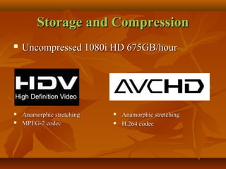 Storage and CompressionStorage and Compression
 Uncompressed 1080i HD 675GB/hourUncompressed 1080i HD 675GB/hour
 Anamor...