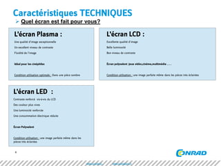 4 
Caractéristiques TECHNIQUES 
L’écran Plasma : 
Une qualité d’image exceptionnelle 
Un excellent niveau de contraste 
Fluidité de l’image 
Idéal pour les cinéphiles 
Condition utilisation optimale : Dans une pièce sombre 
L’écran LCD : 
Excellente qualité d’image 
Belle luminosité 
Bon niveau de contraste 
Écran polyvalent :jeux vidéo,cinéma,multimédia . . . 
Condition utilisation : une image parfaite même dans les pièces très éclairées 
L’écran LED : 
Contraste renforcé vis-à-vis du LCD 
Des couleur plus vives 
Une luminosité renforcée 
Une consommation électrique réduite 
Écran Polyvalent 
Condition utilisation : une image parfaite même dans les pièces très éclairées 
 Quel écran est fait pour vous? 
www.conrad.fr www.conradpro.fr  