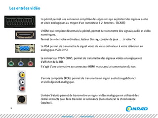9 
Les entrées vidéo 
La péritel permet une connexion simplifiée des appareils qui exploitent des signaux audio et vidéo analogiques au moyen d'un connecteur à 21 broches . (SCART) 
L’HDMI qui remplace désormais la péritel, permet de transmettre des signaux audio et vidéo numériques. 
Permet de relier votre ordinateur, lecteur blu ray, console de jeux . . . à votre TV. 
Le VGA permet de transmettre le signal vidéo de votre ordinateur à votre télévision en analogique. (Sub-D 15) 
Le connecteur YPbPr (YUV), permet de transmettre des signaux vidéos analogiques et d’afficher de la HD. 
Il s’agit d’une alternative au connecteur HDMI mais sans la transmission du son. 
L’entrée S-Vidéo permet de transmettre un signal vidéo analogique en utilisant des câbles distincts pour faire transiter le luminance (luminosité) et la chrominance (couleur). 
L’entrée composite (RCA), permet de transmettre un signal audio (rouge&blanc) 
et vidéo (jaune) analogique. 
www.conrad.fr www.conradpro.fr  