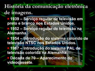 História da comunicação eletrônica de imagens. 1939 – Serviço regular de televisão em preto e branco nos Estados Unidos. 1952 – Serviço regular de televisão na Alemanha. 1954 – Introdução do sistema colorido de televisão NTSC nos Estados Unidos. 1967 – Introdução do sistema PAL de televisão colorida na Alemanha. Década de 70 – Aparecimento do videocassete . 
