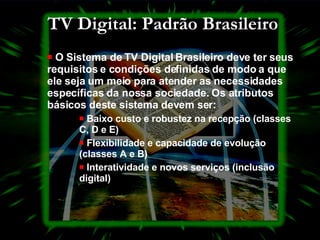 TV Digital: Padrão Brasileiro O Sistema de TV Digital Brasileiro deve ter seus requisitos e condições definidas de modo a que ele seja um meio para atender as necessidades específicas da nossa sociedade.  Os atributos  básicos  deste  sistema  devem ser: Baixo custo e robustez na recepção (classes C, D e E)  Flexibilidade e capacidade de evolução (classes A e B)  Interatividade e novos serviços (inclusão digital)  