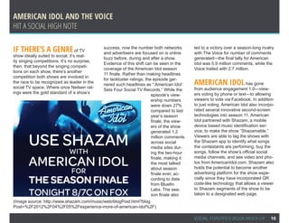 American Idol and The Voice
Hit a Social High Note

If there’s a genre of TV                      success, now the number both networks
                                              and advertisers are focused on is online
                                                                                             led to a victory over a season-long rivalry
                                                                                             with The Voice for number of comments
show ideally suited to social, it’s real-
                                              buzz before, during and after a show.          generated—the final tally for American
ity singing competitions. It’s no surprise,
                                              Evidence of this shift can be seen in the      Idol was 5.9 million comments, while the
then, that beyond the singing competi-
                                              coverage of the American Idol season           Voice trailed with 2.7 million.
tions on each show, there’s another
                                              11 finale. Rather than making headlines
competition both shows are involved in:
                                              for lackluster ratings, the episode gar-
the race to be recognized as leader in the
social TV space. Where once Neilsen rat-
                                              nered such headlines as “‘American Idol’       American Idol has gone
                                              Sets Four Social TV Records.” While the        from audience engagement 1.0—view-
ings were the gold standard of a show’s                                                      ers voting by phone or text—to allowing
                                                                         episode’s view-
                                                                         ership numbers      viewers to vote via Facebook. In addition
                                                                         were down 27%       to just voting, American Idol also incorpo-
                                                                         compared to last    rated several innovative second-screen
                                                                         year’s season       technologies into season 11. American
                                                                         finale, the view-   Idol partnered with Shazam, a mobile
                                                                         ers of the show     device based music identification ser-
                                                                         generated 1.2       vice, to make the show “Shazamable.”
                                                                         million comments    Viewers are able to tag the shows with
                                                                         across social       the Shazam app to identify what songs
                                                                         media sites dur-    the contestants are performing, buy the
                                                                         ing the two-hour    songs, follow the show’s official social
                                                                         finale, making it   media channels, and see video and pho-
                                                                         the most talked     tos from AmericanIdol.com. Shazam also
                                                                         about season        holds the potential to become another
                                                                         finale ever, ac-    advertising platform for the show espe-
                                                                         cording to data     cially since they have incorporated QR
                                                                         from Bluefin        code-like technology that allows a viewer
                                                                         Labs. The sea-      to Shazam segments of the show to be
                                                                         son finale also     taken to a designated web page.
(Image source: http://www.shazam.com/music/web/blogPost.html?blog
Post=%2F2012%2F04%2F05%2Fexperience-more-of-american-idol%2F)

                                                                                             SOCIAL TOASTER E-BOOK MOCK-UP            10
 