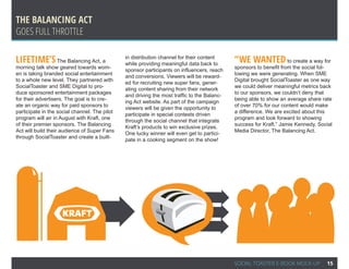 The Balancing Act
Goes Full Throttle

Lifetime’s The Balancing Act, a                in distribution channel for their content
                                               while providing meaningful data back to
                                                                                             “We wanted to create a way for
morning talk show geared towards wom-                                                        sponsors to benefit from the social fol-
                                               sponsor participants on influencers, reach
en is taking branded social entertainment                                                    lowing we were generating. When SME
                                               and conversions. Viewers will be reward-
to a whole new level. They partnered with                                                    Digital brought SocialToaster as one way
                                               ed for recruiting new super fans, gener-
SocialToaster and SME Digital to pro-                                                        we could deliver meaningful metrics back
                                               ating content sharing from their network
duce sponsored entertainment packages                                                        to our sponsors, we couldn’t deny that
                                               and driving the most traffic to the Balanc-
for their advertisers. The goal is to cre-                                                   being able to show an average share rate
                                               ing Act website. As part of the campaign
ate an organic way for paid sponsors to                                                      of over 70% for our content would make
                                               viewers will be given the opportunity to
participate in the social channel. The pilot                                                 a difference. We are excited about this
                                               participate in special contests driven
program will air in August with Kraft, one                                                   program and look forward to showing
                                               through the social channel that integrate
of their premier sponsors. The Balancing                                                     success for Kraft.” Jamie Kennedy, Social
                                               Kraft’s products to win exclusive prizes.
Act will build their audience of Super Fans                                                  Media Director, The Balancing Act.
                                               One lucky winner will even get to partici-
through SocialToaster and create a built-
                                               pate in a cooking segment on the show!




                                                                                             SOCIAL TOASTER E-BOOK MOCK-UP         15
 