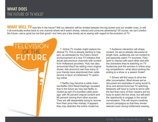 whAT dOES
THE fUTURE Of TV HOLD?

whAT wILL TV look like in the future? Will our attention still be divided between the big screen and our smaller ones, or will
it all eventually evolve back to one channel where we’ll watch shows, interact and consume advertising? Of course, we can’t predict
the future—we’re good but not that good!—but here are a few trends we’re seeing with regard to the evolution of TV:




      TELEVISION                                 • Online TV models might replace tra-           • Audience interaction will shape
              OF THE                          ditional TV. This is already starting to hap-   content. As we’ve already discussed at


        FUTURE
                                              pen, as witnessed by YouTube’s recent           length here, audiences are not content to
                                              announcement of a new TV initiative that        just passively watch TV anymore. They
                                              would add premium channels with content         want to interact with each other and with
                                              from Hollywood providers. Hulu has also         the characters they’re watching on TV.
                                              announced they’ll be adding more original       Audiences pick the winners in online sing-
                                              shows. Ask around to see how many of            ing competitions—what about picking the
                                              your friends have abandoned their cable         ending to a show or a season finale?
                                              service in favor of onDemand TV watch-
                                              ing online.                                        •  Shows will find ways to drive the
                                                                                              after conversation. Most shows we’ve
                                                 •  Netflix may become a cable chan-          discussed are examples of using social to
                                              nel.Netflix CEO Reed Hastings’ revealed         drive and almost force live TV watching.
                                              that in the future we may see Neflix in-        Networks will have to come to terms with
                                              cluded as part of a bundled cable pack-         the fact that many of their viewers are too
                                              age, with 40 percent original content and       busy to watch the live show, but still want
                                              60 percent coming from other sources.           the opportunity to engage in the social
                                              They are still desperately trying to recover    conversation. This will require creativity
                                              from their price hike mishap. It appears        around campaigns so that they remain
                                              they may abandon the online model too.          relevant even during onDemand viewing.




                                                                                              SOCIAL TOASTER E-BOOK MOCK-UP           16
 