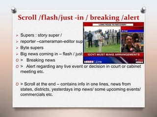 Scroll /flash/just -in / breaking /alert 
 Supers : story super / 
 reporter –cameraman-editor supers 
 Byte supers 
 Big news coming in – flash / just in 
O > Breaking news 
O > Alert regarding any live event or decision in court or cabinet 
meeting etc. 
O > Scroll at the end – contains info in one lines, news from 
states, districts, yesterdays imp news/ some upcoming events/ 
commercials etc. 
 