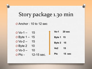 Story package 1.30 min 
O Anchor : 10 to 12 sec 
O Vo-1 – 15 
O Byte 1 – 15 
O Vo-2 – 15 
O Byte 2 10 
O Vo-3 – 10 
O Ptc - 12-15 sec. 
Vo-1 20 sec 
Byte 1 15 
Byte 2 15 
Vo2 15 
Ptc 15 sec 
 