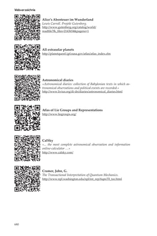 Webverzeichnis

                 Alice’s Abenteuer im Wunderland
                 Lewis Carroll. Projekt Gutenberg.
                 http://www.gutenberg.org/catalog/world/
                 readﬁle?fk_ﬁles=2143654&pageno=1




                 All extrasolar planets
                 http://planetquest1.jpl.nasa.gov/atlas/atlas_index.cfm




                 Astronomical diaries
                 »Astronomical diaries: collection of Babylonian texts in which as-
                 tronomical observations and political events are recorded.«
                 http://www.livius.org/di-dn/diaries/astronomical_diaries.html




                 Atlas of Lie Groups and Representations
                 http://www.liegroups.org/




                 CalSky
                 »... the most complete astronomical observation and information
                 online-calculator …«
                 http://www.calsky.com/




                 Cramer, John, G.
                 The Transactional Interpretation of Quantum Mechanics.
                 http://www.npl.washington.edu/npl/int_rep/tiqm/TI_toc.html




680
 