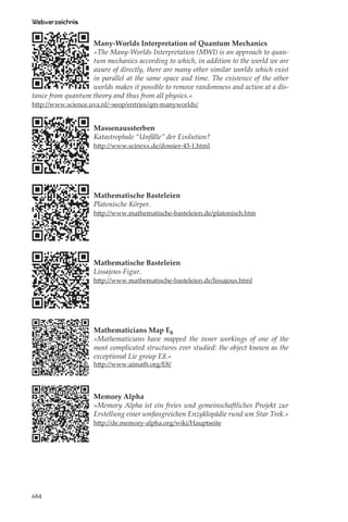 Webverzeichnis

                   Many-Worlds Interpretation of Quantum Mechanics
                   »The Many-Worlds Interpretation (MWI) is an approach to quan-
                   tum mechanics according to which, in addition to the world we are
                   aware of directly, there are many other similar worlds which exist
                   in parallel at the same space and time. The existence of the other
                   worlds makes it possible to remove randomness and action at a dis-
tance from quantum theory and thus from all physics.«
http://www.science.uva.nl/~seop/entries/qm-manyworlds/


                    Massenaussterben
                    Katastrophale “Unfälle” der Evolution?
                    http://www.scinexx.de/dossier-43-1.html




                    Mathematische Basteleien
                    Platonische Körper.
                    http://www.mathematische-basteleien.de/platonisch.htm




                    Mathematische Basteleien
                    Lissajous-Figur.
                    http://www.mathematische-basteleien.de/lissajous.html




                    Mathematicians Map E8
                    »Mathematicians have mapped the inner workings of one of the
                    most complicated structures ever studied: the object known as the
                    exceptional Lie group E8.«
                    http://www.aimath.org/E8/




                    Memory Alpha
                    »Memory Alpha ist ein freies und gemeinschaftliches Projekt zur
                    Erstellung einer umfangreichen Enzyklopädie rund um Star Trek.«
                    http://de.memory-alpha.org/wiki/Hauptseite




684
 