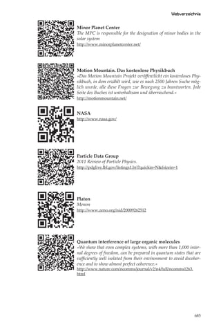 Webverzeichnis

Minor Planet Center
The MPC is responsible for the designation of minor bodies in the
solar system
http://www.minorplanetcenter.net/




Motion Mountain. Das kostenlose Physikbuch
»Das Motion Mountain Projekt veröﬀentlicht ein kostenloses Phy-
sikbuch, in dem erzählt wird, wie es nach 2500 Jahren Suche mög-
lich wurde, alle diese Fragen zur Bewegung zu beantworten. Jede
Seite des Buches ist unterhaltsam und überraschend.«
http://motionmountain.net/


NASA
http://www.nasa.gov/




Particle Data Group
2011 Review of Particle Physics.
http://pdglive.lbl.gov/listings1.brl?quickin=N&fsizein=1




Platon
Menon
http://www.zeno.org/nid/20009262512




Quantum interference of large organic molecules
»We show that even complex systems, with more than 1,000 inter-
nal degrees of freedom, can be prepared in quantum states that are
suﬃciently well isolated from their environment to avoid decoher-
ence and to show almost perfect coherence.«
http://www.nature.com/ncomms/journal/v2/n4/full/ncomms1263.
html




                                                               685
 