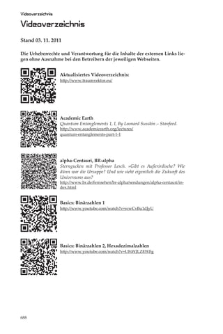 Videoverzeichnis

Videoverzeichnis
Stand 03. 11. 2011

Die Urheberrechte und Verantwortung für die Inhalte der externen Links lie-
gen ohne Ausnahme bei den Betreibern der jeweiligen Webseiten.


                   Aktualisiertes Videoverzeichnis:
                   http://www.traumvektor.eu/




                   Academic Earth
                   Quantum Entanglements 1, I, By Leonard Susskin – Stanford.
                   http://www.academicearth.org/lectures/
                   quantum-entanglements-part-1-1




                   alpha-Centauri, BR-alpha
                   Sterngucken mit Professor Lesch. »Gibt es Außerirdische? Wie
                   dünn war die Ursuppe? Und wie sieht eigentlich die Zukunft des
                   Universums aus?
                   http://www.br.de/fernsehen/br-alpha/sendungen/alpha-centauri/in-
                   dex.html


                   Basics: Binärzahlen 1
                   http://www.youtube.com/watch?v=wwCvBu1dJyU




                   Basics: Binärzahlen 2, Hexadezimalzahlen
                   http://www.youtube.com/watch?v=UFiWJLZEWFg




688
 