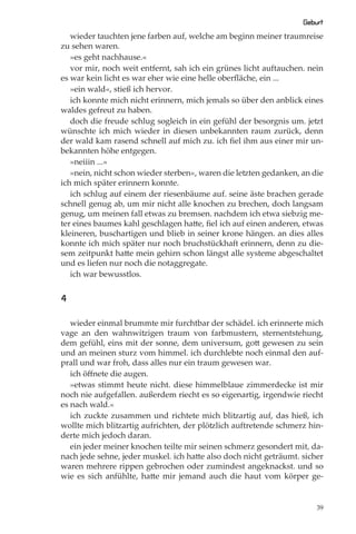Geburt
   wieder tauchten jene farben auf, welche am beginn meiner traumreise
zu sehen waren.
   »es geht nachhause.«
   vor mir, noch weit entfernt, sah ich ein grünes licht auftauchen. nein
es war kein licht es war eher wie eine helle oberﬂäche, ein ...
   »ein wald«, stieß ich hervor.
   ich konnte mich nicht erinnern, mich jemals so über den anblick eines
waldes gefreut zu haben.
   doch die freude schlug sogleich in ein gefühl der besorgnis um. jetzt
wünschte ich mich wieder in diesen unbekannten raum zurück, denn
der wald kam rasend schnell auf mich zu. ich ﬁel ihm aus einer mir un-
bekannten höhe entgegen.
   »neiiin ...«
   »nein, nicht schon wieder sterben«, waren die letzten gedanken, an die
ich mich später erinnern konnte.
   ich schlug auf einem der riesenbäume auf. seine äste brachen gerade
schnell genug ab, um mir nicht alle knochen zu brechen, doch langsam
genug, um meinen fall etwas zu bremsen. nachdem ich etwa siebzig me-
ter eines baumes kahl geschlagen hatte, ﬁel ich auf einen anderen, etwas
kleineren, buschartigen und blieb in seiner krone hängen. an dies alles
konnte ich mich später nur noch bruchstückhaft erinnern, denn zu die-
sem zeitpunkt hatte mein gehirn schon längst alle systeme abgeschaltet
und es liefen nur noch die notaggregate.
   ich war bewusstlos.


4

   wieder einmal brummte mir furchtbar der schädel. ich erinnerte mich
vage an den wahnwitzigen traum von farbmustern, sternentstehung,
dem gefühl, eins mit der sonne, dem universum, gott gewesen zu sein
und an meinen sturz vom himmel. ich durchlebte noch einmal den auf-
prall und war froh, dass alles nur ein traum gewesen war.
   ich öﬀnete die augen.
   »etwas stimmt heute nicht. diese himmelblaue zimmerdecke ist mir
noch nie aufgefallen. außerdem riecht es so eigenartig, irgendwie riecht
es nach wald.«
   ich zuckte zusammen und richtete mich blitzartig auf, das hieß, ich
wollte mich blitzartig aufrichten, der plötzlich auftretende schmerz hin-
derte mich jedoch daran.
   ein jeder meiner knochen teilte mir seinen schmerz gesondert mit, da-
nach jede sehne, jeder muskel. ich hatte also doch nicht geträumt. sicher
waren mehrere rippen gebrochen oder zumindest angeknackst. und so
wie es sich anfühlte, hatte mir jemand auch die haut vom körper ge-


                                                                       39
 