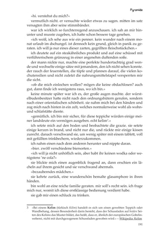 Pyramide
   »hi. verstehst du mich?«
   vermutlich nicht. er versuchte wieder etwas zu sagen. mitten im satz
versagten ihm aber seine stimmbänder.
   war ich wirklich so furchterregend anzuschauen. ich sah an mir hin-
unter und musste zugeben, ich hatte schon bessere tage gesehen.
   »ich weiß, ich sehe aus wie ein penner. kein wunder nach einem mo-
nat urlaub im dschungel. ist dennoch kein grund, gleich in panik zu ge-
raten. ich will ja nur eines dieser zarten, gegrillten ﬂeischstückchen.«
   ich deutete auf ein steakähnliches produkt und auf eine schüssel mit
verführerischem grünzeug in einer angenehm duftenden soße.
   der mann nickte nur, machte eine perfekte hundertachtzig grad wen-
de und wechselte einige sätze mit jemandem, den ich nicht sehen konnte.
der rauch der feuerstellen, die töpfe und pfannen darauf, die vielen ko-
chutensilien und nicht zuletzt die nahrungsmittelstapel versperrten mir
die sicht.
   »ob die mich einlochen wollen? mögen die keine obdachlosen? auch
gut, dann ﬁnde ich wenigstens raus, wo ich bin.«
   keine minute später war ich es, der große augen machte. der würst-
elbudenbesitzer hatte nicht nach den ordnungshütern gerufen, sondern
nach einer orientalischen schönheit. sie nahm mich bei den händen und
zog mich nach hinten in ein zelt, welches normalerweise wohl als wohn-
und schlafstätte diente.
   »gemütlich. ich bin mir sicher, für diese teppiche würden einige mei-
ner landsleute ein vermögen ausgeben. echt kelim3.«
   ich setzte mich auf den boden und beobachtete die grazie. sie setzte
einige kerzen in brand, und nicht nur die, und rückte mir einige kissen
zurecht. danach verschwand sie, um wenig später mit einem tablett, voll
mit gefüllten trinkbechern, wiederzukommen.
   ich nahm einen nach dem anderen herunter und nippte daran.
   »bier. zwölf verschiedene biersorten.«
   »ich will ja nicht unhöﬂich sein, aber habt ihr keinen wodka oder we-
nigstens ’ne cola?«
   sie blickte mich einen augenblick fragend an, dann erschien ein lä-
cheln auf ihrem gesicht und sie verschwand abermals.
   »bezauberndes mädchen.«
   sie kehrte zurück, eine wunderschön bemalte glasamphore in ihren
händen.
   bin wohl an eine reiche familie geraten. mir soll’s recht sein. ich frage
mich nur, womit ich diese erstklassige bedienung verdient habe.
   sie gab mir einen schluck zu trinken.


3   »Bei einem Kelim (türkisch Kilim) handelt es sich um einen gewebten Teppich oder
    Wandbehang, dessen Besonderheit darin besteht, dass der Schussfaden auf beiden Sei-
    ten des Kelims das Muster bildet, das heißt, dass er, ähnlich der europäischen Gobelin-
    weberei, nicht mit durchgezogenem Schussfaden gewoben wird.« – Wikipedia: Kelim

                                                                                       191
 