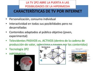 CARACTERÍSTICAS DE TV POR INTERNET Personalización, consumo individual Interactividad en todas sus posibilidades pero no desarrolladas Contenidos adaptados al público objetivo (joven, experimental) Televidentes PASIVOS vs. ACTIVOS (dentro de la cadena de producción-de valor, selecciona y navega por los contenidos) Tecnología 2P2 HIPERMEDIA LA TV 2P2 ABRE LA PUERTA A LAS POSIBILIDADES DE LA HIPERMEDIA