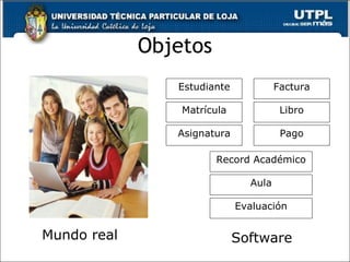 Objetos Mundo real Software Estudiante Matrícula Asignatura Factura Libro Pago Record Académico Aula Evaluación 